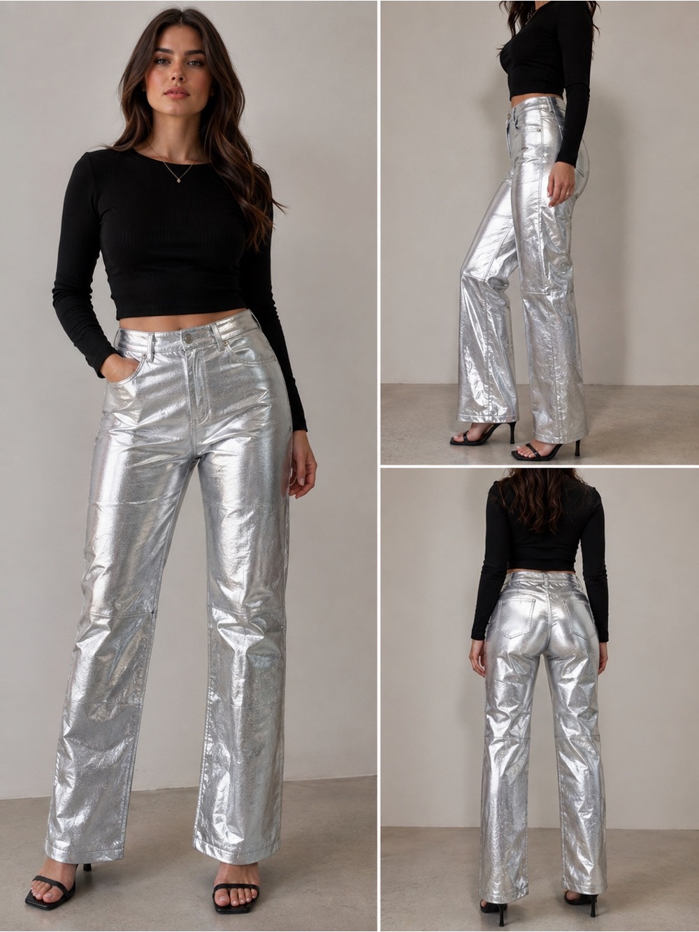 Nasty Gal Metallic Silver High-Rise Wide-Leg Pants Size US 4 (UK 8, EU 36 )NWT
